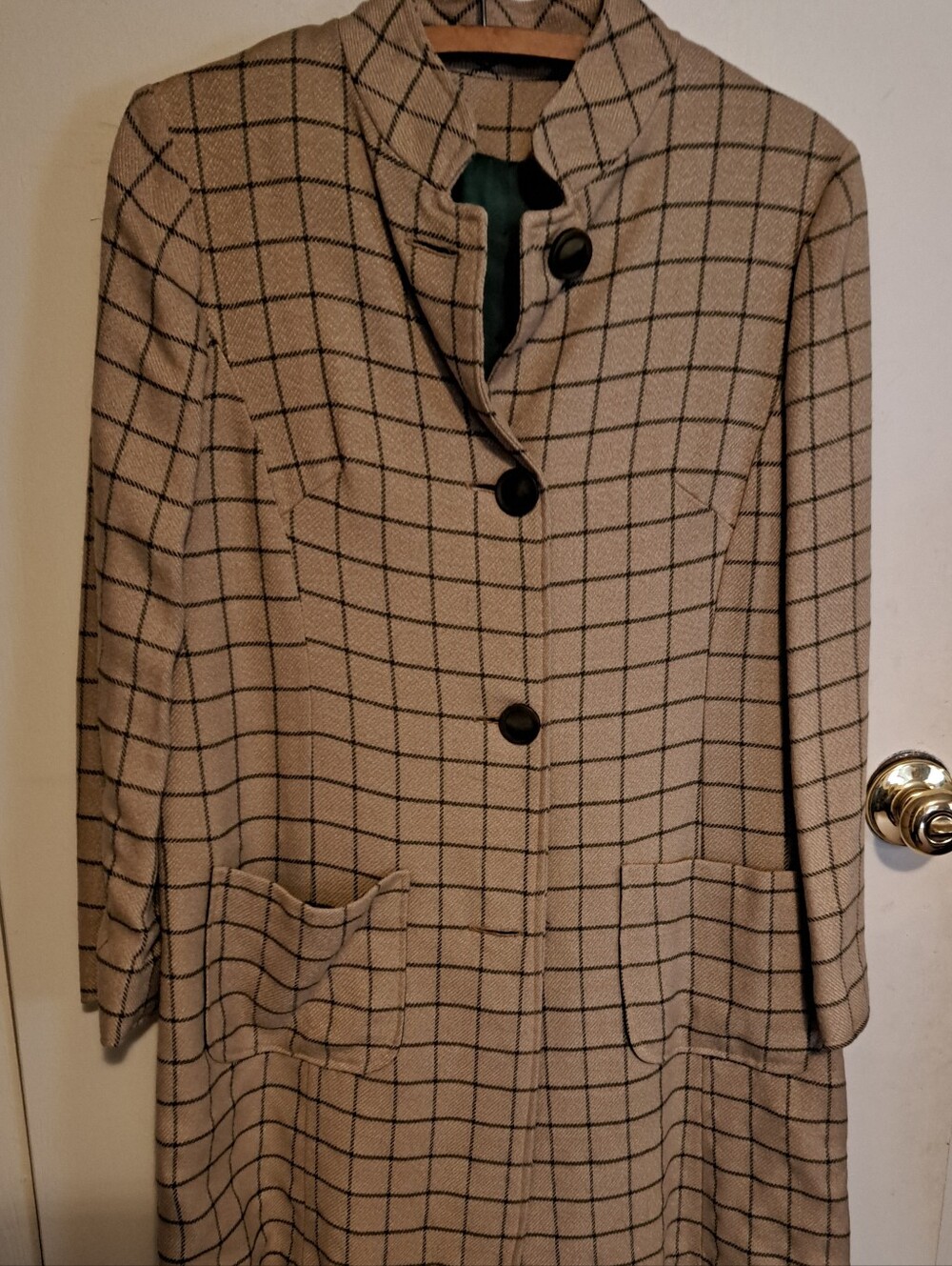 Women’s Vintage Tan And Green Check Button-Front Coat